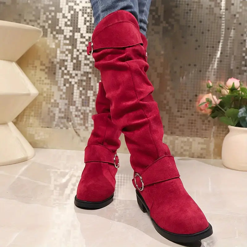🎄Last day 49% Off❤️ Women's Buckle Belt Pull On Chunky Heel High Knee Boots, Winter Round Toe Slouchy Boots