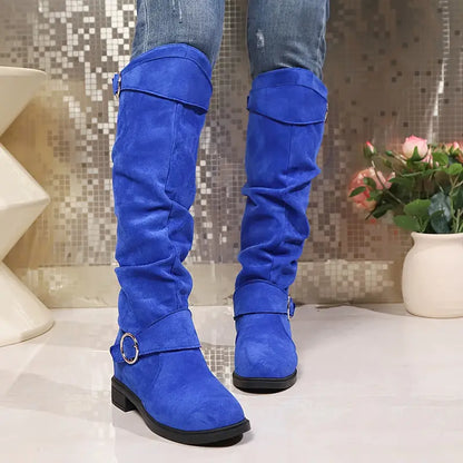 🎄Last day 49% Off❤️ Women's Buckle Belt Pull On Chunky Heel High Knee Boots, Winter Round Toe Slouchy Boots